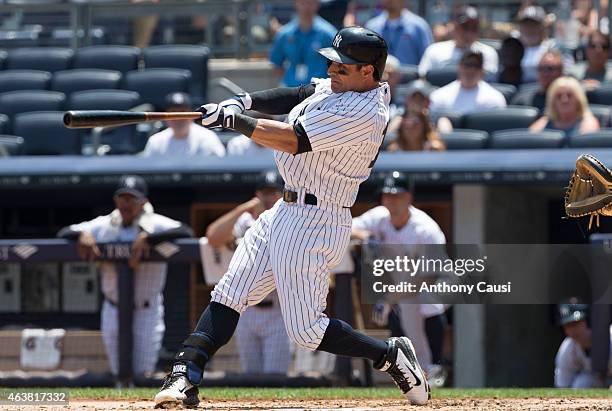 Brian Roberts of the New York Yankees bats during the game against the Tampa Bay Rays at Yankee Stadium on Wednesday, July 2, 2014 in the Bronx...