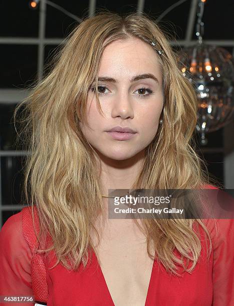 Actress Suki Waterhouse attends VANITY FAIR and Barneys New York Dinner benefiting OXFAM, hosted by Rooney Mara at Chateau Marmont on February 18,...