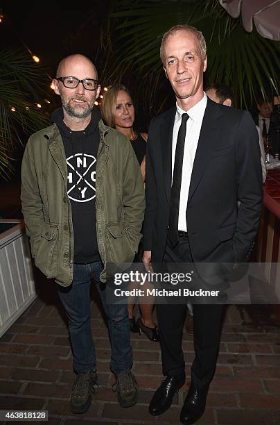 Recording artist Moby and director Dan Gilroy attend VANITY FAIR and Barneys New York Dinner benefiting OXFAM, hosted by Rooney Mara at Chateau...