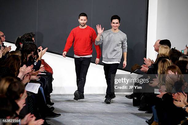Designers Jack McCollough and Lazaro Hernandez walk the runway at the Proenza Schouler show during Mercedes-Benz Fashion Week Fall 2015 at the Marcel...