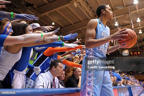 Cameron Crazies and fans of the Duke Blue Devils try to distract Brice Johnson of the North Carolina Tar Heels at Cameron Indoor Stadium on February...