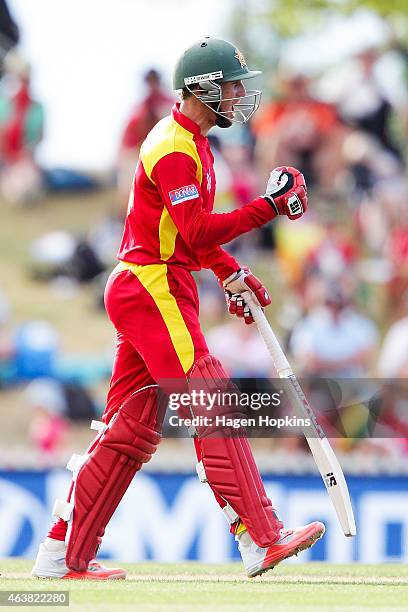 Sean Williams of Zimbabwe celebrates after scoring the final runs to win the 2015 ICC Cricket World Cup match between Zimbabwe and the United Arab...