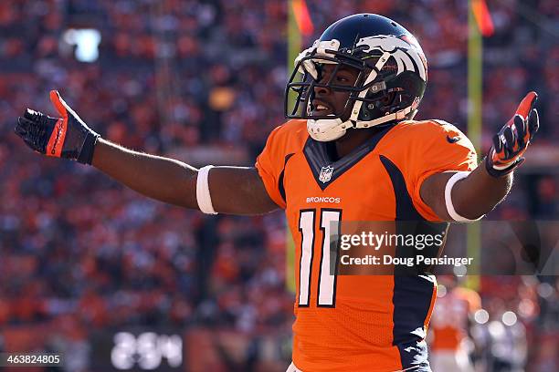 Trindon Holliday of the Denver Broncos reacts in the second quarter against the New England Patriots during the AFC Championship game at Sports...