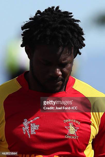 Solomon Mire of Zimbabwe during the 2015 ICC Cricket World Cup match between Zimbabwe and the United Arab Emirates at Saxton Field on February 19,...