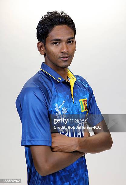 Dushmantha Chameera of Sri Lanka poses during the Sri Lanka 2015 ICC Cricket World Cup Headshots Session at the Rydges Latimer on February 19, 2015...