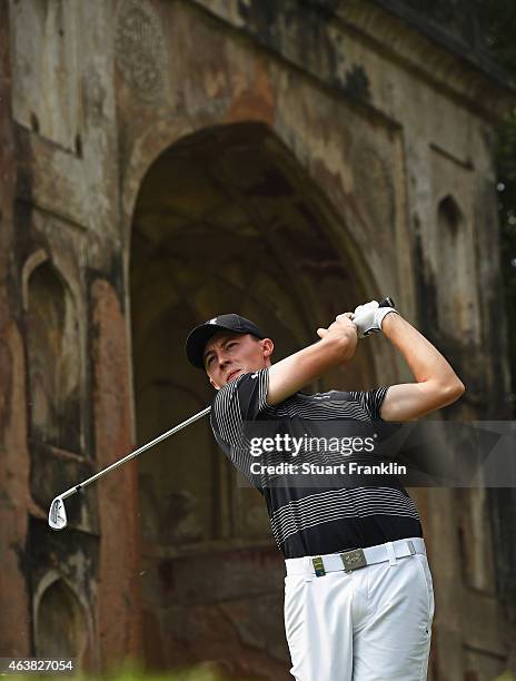 Matthew Fitzpatrick of England plays a shot during the first round of the Hero India Open Golf at Delhi Golf Club on February 19, 2015 in New Delhi,...