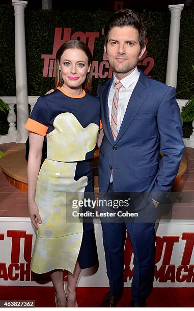 Actors Gillian Jacobs and Adam Scott attend the premiere of Paramount Pictures' "Hot Tub Time Machine 2" at Regency Village Theatre on February 18,...