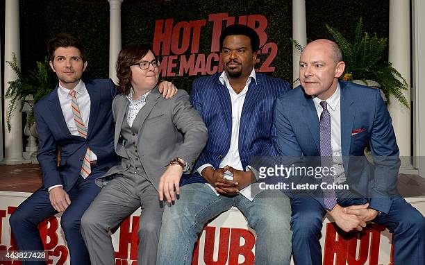 Actors Adam Scott, Clark Duke, Craig Robinson and Rob Corddry attend the premiere of Paramount Pictures' "Hot Tub Time Machine 2" at Regency Village...