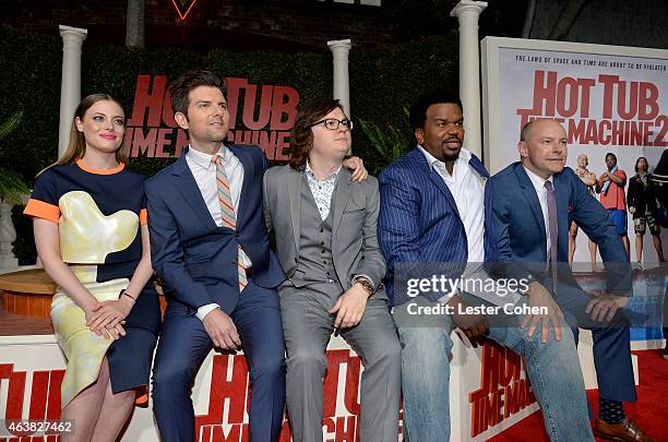 Actors Gillian Jacobs, Adam Scott, Clark Duke, Craig Robinson and Rob Corddry attend the premiere of Paramount Pictures' "Hot Tub Time Machine 2" at...