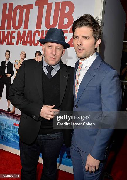 Director Steve Pink and Actor Adam Scott attend the premiere of Paramount Pictures' 'Hot Tub Time Machine 2' at Regency Village Theatre on February...