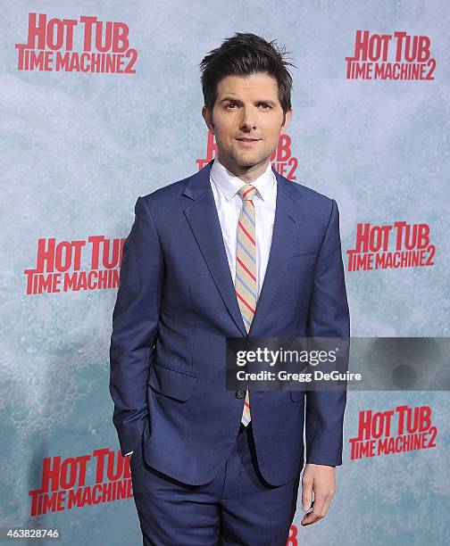 Actor Adam Scott arrives at the Los Angeles premiere of "Hot Tub Time Machine 2" at Regency Village Theatre on February 18, 2015 in Westwood,...