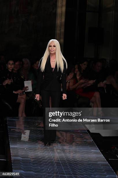 Donatella Versace walks the runway during Atelier Versace show as part of Paris Fashion Week Haute-Couture Spring/Summer 2014 on January 19, 2014 in...