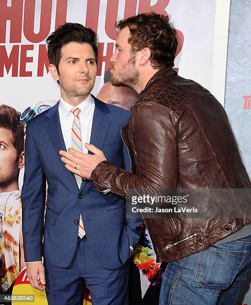 Actors Adam Scott and Chris Pratt attend the premiere of "Hot Tub Time Machine 2" at Regency Village Theatre on February 18, 2015 in Westwood,...