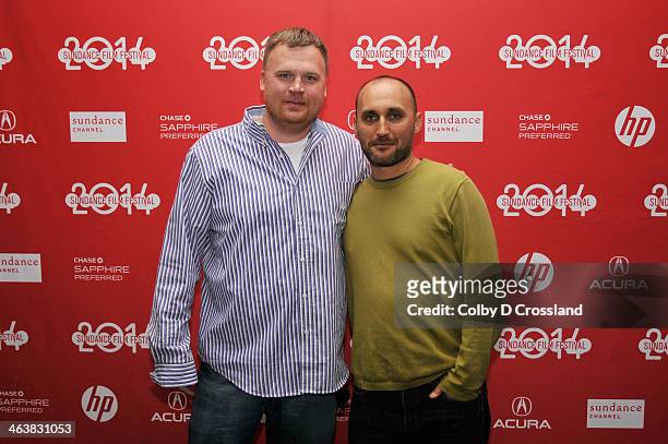 Matt Sandusky and director Amir Bar-Lev attends the "Happy Valley" premiere at The Marc Theatre during the 2014 Sundance Film Festival on January 19,...