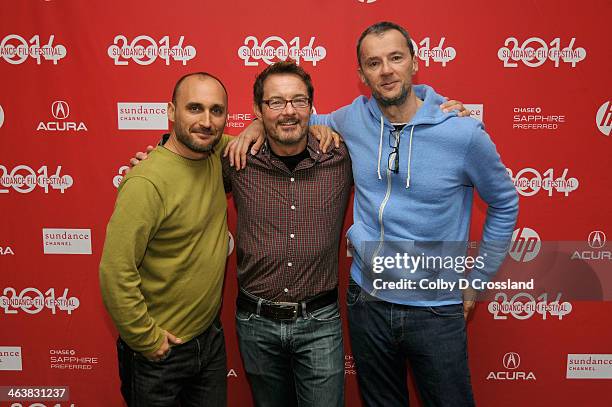 Director Amir Bar-Lev, David Courier and John Battsek attend the "Happy Valley" premiere at The Marc Theatre during the 2014 Sundance Film Festival...