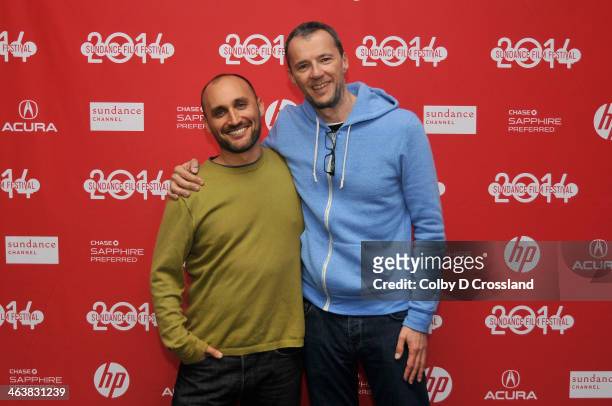 Director Amir Bar-Lev and John Battsek attend the "Happy Valley" premiere at The Marc Theatre during the 2014 Sundance Film Festival on January 19,...