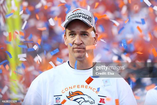 Peyton Manning of the Denver Broncos celebrates after they defeated the New England Patriots 26 to 16 during the AFC Championship game at Sports...