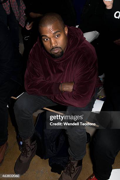 Kanye West attends the Jeremy Scott fashion show at Milk Studios during MADE Fashion Week Fall 2015 on February 18, 2015 in New York City.