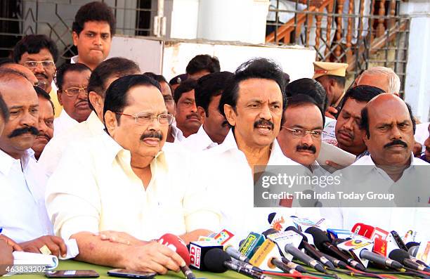 Leader MK stalin breifing the media after the party MLA's staged a walk out from the Tamil Nadu assembly session