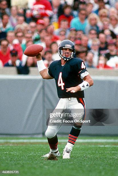 Jim Harbaugh of the Chicago Bears drops back to pass against the Detroit Lions during an NFL football game September 6, 1992 at Soldier Field in...