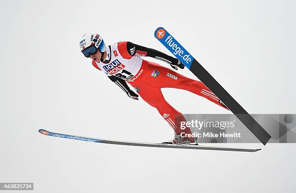 Anders Fannemel of Norway practices during the Men's Normal Hill Ski Jumping training during the FIS Nordic World Ski Championships at the Lugnet...