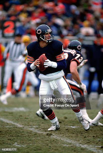 Jim Harbaugh of the Chicago Bears drops back to pass against the Detroit Lions during an NFL football game December 10, 1990 at Soldier Field in...