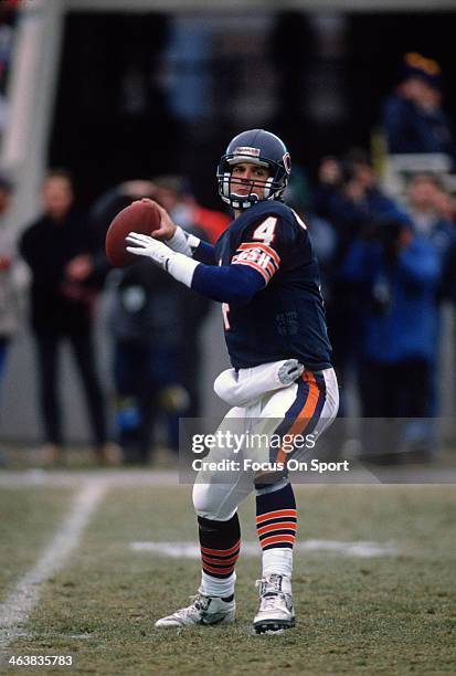 Jim Harbaugh of the Chicago Bears drops back to pass against the Detroit Lions during an NFL football game December 10, 1990 at Soldier Field in...