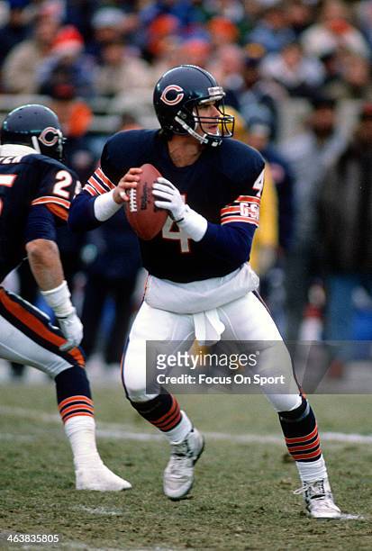 Jim Harbaugh of the Chicago Bears drops back to pass against the Detroit Lions during an NFL football game December 10, 1990 at Soldier Field in...