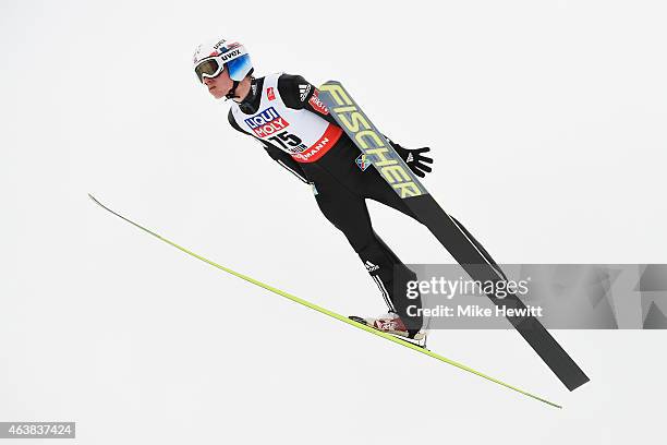 Rune Velta of Norway practices during the Men's Normal Hill Ski Jumping training during the FIS Nordic World Ski Championships at the Lugnet venue on...