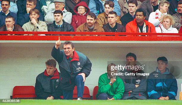 Nottingham Forest manager Brian Clough makes a point watched by coach Archie Gemmill during a League Division One match in the 1990/91 season at the...