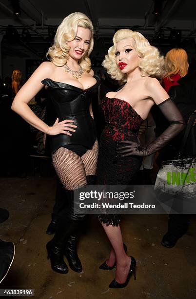 Gia Genevieve and Amanda Lepore attends The Blonds fashion show during MADE Fashion Week Fall 2015 at Milk Studios on February 18, 2015 in New York...