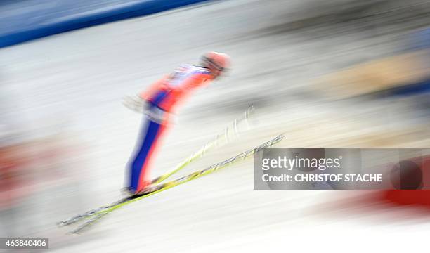 Austria's Stefan Kraft speeds down the hill during the training for the men's normal hill induvidual jump of the FIS Nordic Ski Championships in...