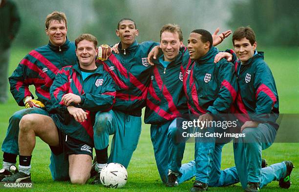 England players from left, Chris Woods, Paul Gascoigne, Carlton Palmer, David Platt, John Barnes and Nigel Clough pose for a picture during an...