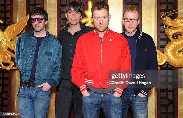 Graham Coxon, Alex James, Damon Albarn and Dave Rowntree of Blur attend a photocall as Blur are announced as a headliner for British Summertime Hyde...