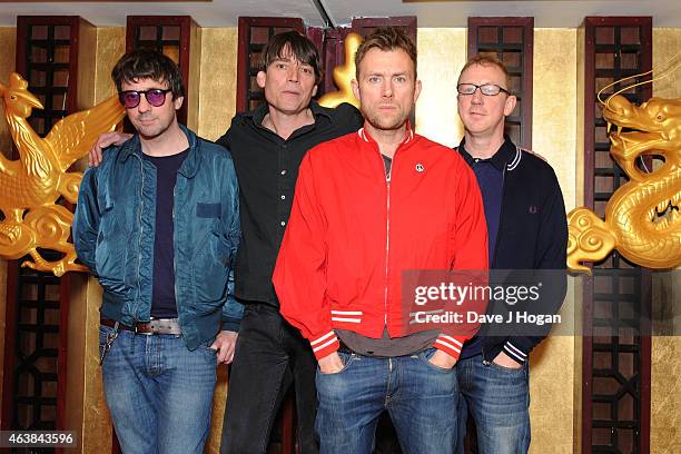 Graham Coxon, Alex James, Damon Albarn and Dave Rowntree of Blur attend a photocall as Blur are announced as a headliner for British Summertime Hyde...