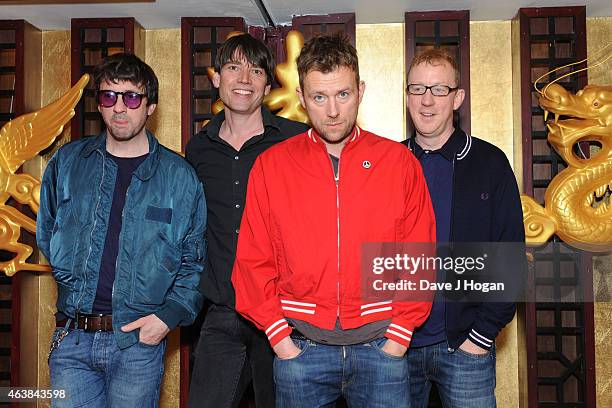 Graham Coxon, Alex James, Damon Albarn and Dave Rowntree of Blur attend a photocall as Blur are announced as a headliner for British Summertime Hyde...