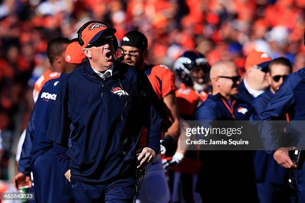 Head coach John Fox of the Denver Broncos reacts in the fourth quarter against the New England Patriots during the AFC Championship game at Sports...