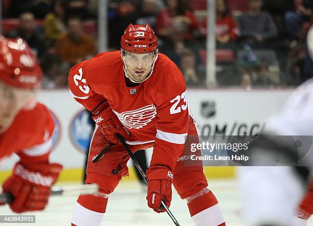 Brian Lashoff of the Detroit Red Wings gets ready for the face off during the first period of the game against the Los Angeles Kings at Joe Louis...