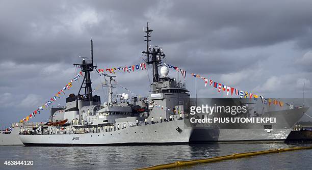 Picture taken on February 19, 2015 shows the two offshore patrol vessels built by Chinese Shipbuilding and Industry Corporation for Nigerian Navy...