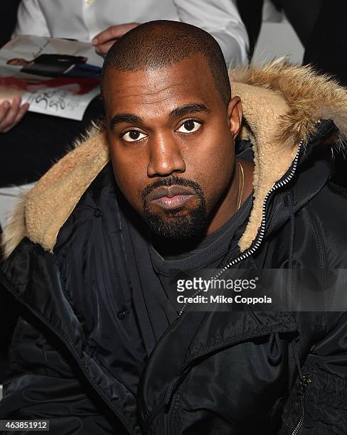 Kanye West attends the Ralph Lauren fashion show during Mercedes-Benz Fashion Week Fall 2015 at Skylight Clarkson SQ. On February 19, 2015 in New...