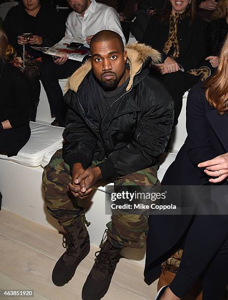 Kanye West attends the Ralph Lauren fashion show during Mercedes-Benz Fashion Week Fall 2015 at Skylight Clarkson SQ. On February 19, 2015 in New...