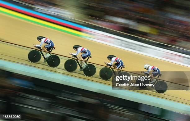Katie Archibald, Laura Trott, Elinor Barker and Joanna Rowsell of Great Britain Cycling Team compete in the Women's Team Pursuit First Round during...