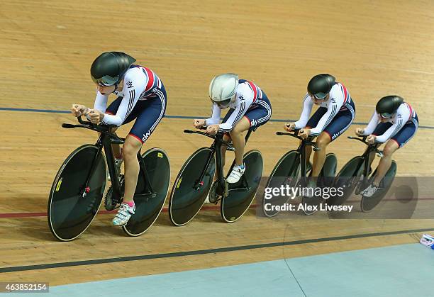 Laura Trott leads Elinor Barker, Katie Archibald and Joanna Rowsell of the Great Britain Cycling Team in the Women's Team Pursuit First Round during...