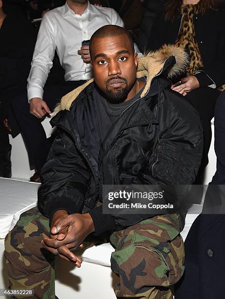 Kanye West attends the Ralph Lauren fashion show during Mercedes-Benz Fashion Week Fall 2015 at Skylight Clarkson SQ. On February 19, 2015 in New...