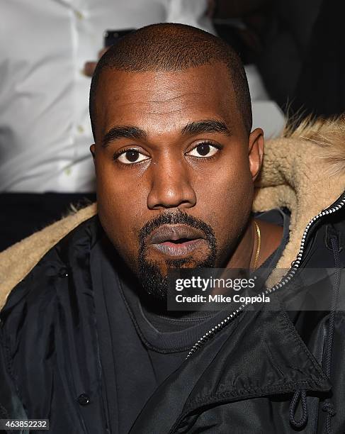 Kanye West attends the Ralph Lauren fashion show during Mercedes-Benz Fashion Week Fall 2015 at Skylight Clarkson SQ. On February 19, 2015 in New...