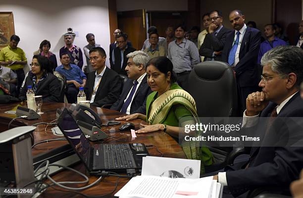 External Affairs Minister Sushma Swaraj with officials during the announcement of a new second route for the 'Kailash Manasarovar Yatra' on February...