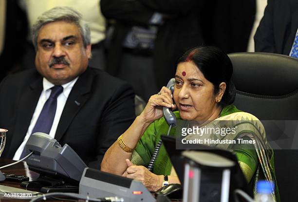 External Affairs Minister Sushma Swaraj with official during the announcement of a new second route for the 'Kailash Manasarovar Yatra' on February...