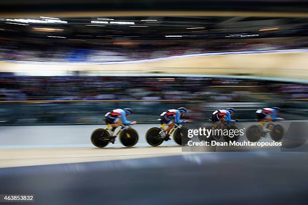 Jasmin Glaesser, Stephanie Roorda, Kirsti Lay, Alison Beveridge of Canada Cycling team compete in the Womens Team Pursuit first round during day 2 of...