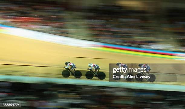 Katie Archibald, Laura Trott, Elinor Barker and Joanna Rowsell of Great Britain Cycling Team compete in the Women's Team Pursuit First Round during...