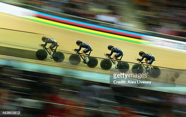 Pieter Bulling, Dylan Kennett, Alex Frame and Marc Ryan of New Zealand compete in the Men's Team Pursuit First Round during day two of the UCI Track...